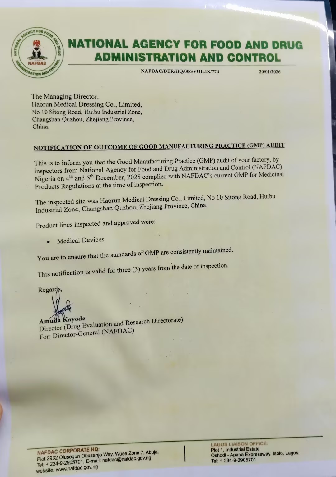 Haorun Medical Products Officially Receive NAFDAC Registration Certification in Nigeria